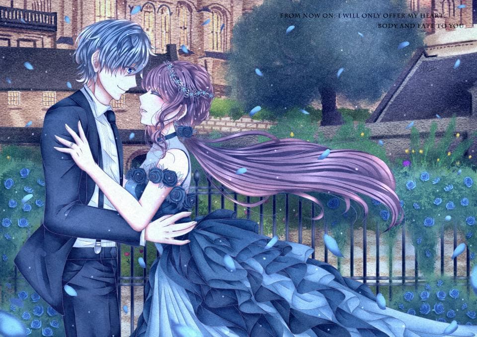 這張照片是一對情侶在浪漫的夜晚擁抱在一起。男主角穿著深藍色的西裝,女主角則穿著一件藍色的禮服。他們看起來很幸福,彼此深情地望著對方。