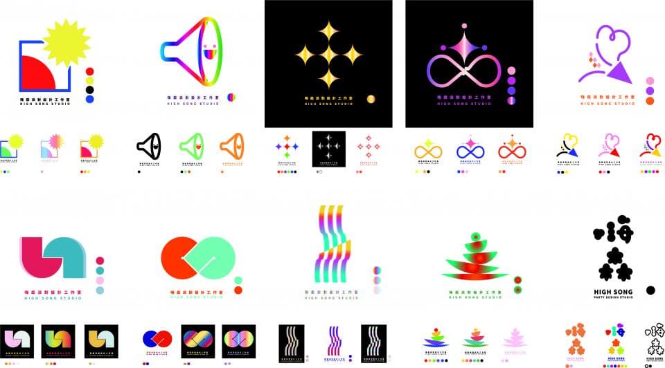 這張「設計樣式」的照片是展示許多不同的 Logo 設計,每個 Logo 都使用鮮明的色彩和獨特的圖形,並配有不同的顏色選擇,呈現出多元的視覺風格。