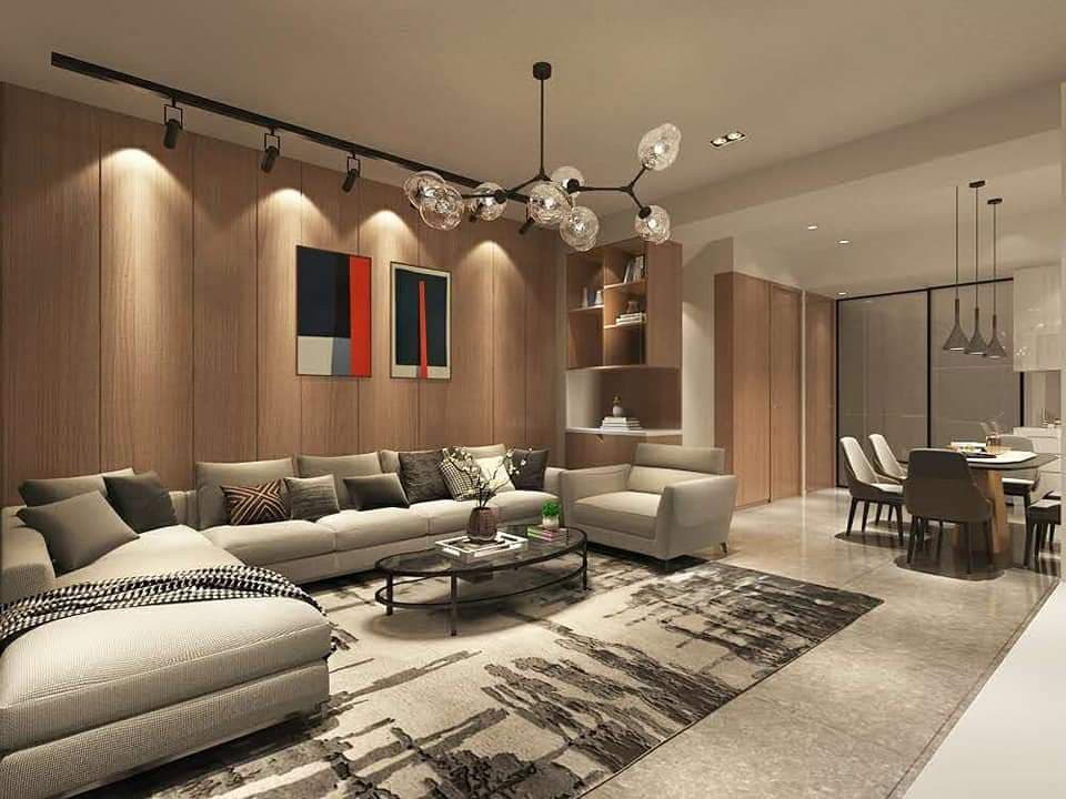 這張「客廳」的照片是一個現代化的空間,有一個大型的L形沙發,以及一張咖啡桌,上面放著一個花瓶。牆上有一排壁燈,地板上鋪著地毯。