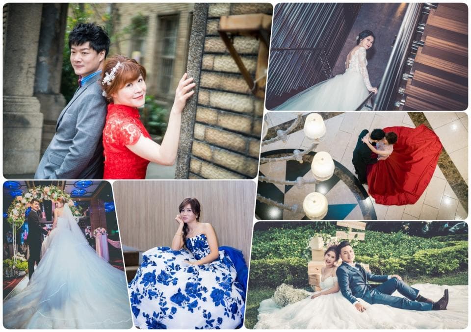 這張婚禮照片是一對新人和他們朋友的婚禮合照,照片分為六個部分,第一部分是一對新人婚紗照,第二部分是兩位朋友在教堂的婚紗照,第三部分是兩位朋友在戶外的婚紗照,第四部分是新人在室外婚禮的合照,第五部分是新人在室內的合照,第六部分是新郎新娘在戶外的婚紗照。