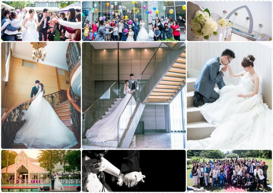 這張「婚禮」的照片是新人們在不同場景拍攝的照片,包括戶外婚禮、婚禮宴會、婚禮前的準備和婚禮後的歡樂時光。