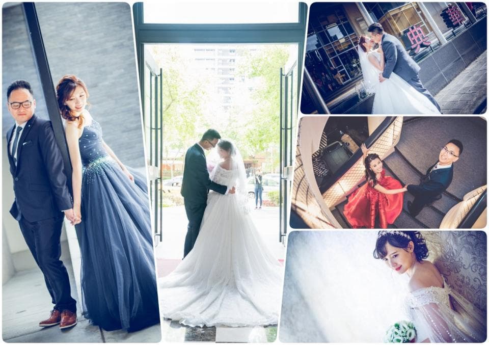 這張照片是一對新人婚禮的照片,照片中新人穿著婚紗禮服,在一個婚禮場地裡拍照,看起來十分幸福。