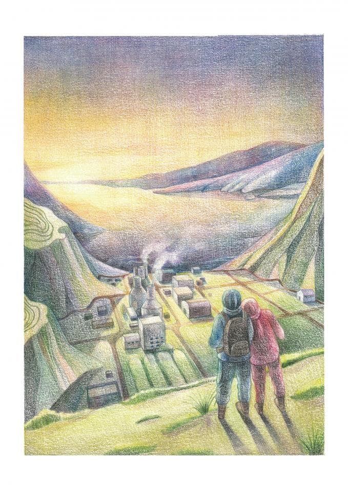 這張照片是一對男女站在山坡上,看著遠處的城市,天空泛著金黃色的晨曦,畫面充滿著希望和溫暖。