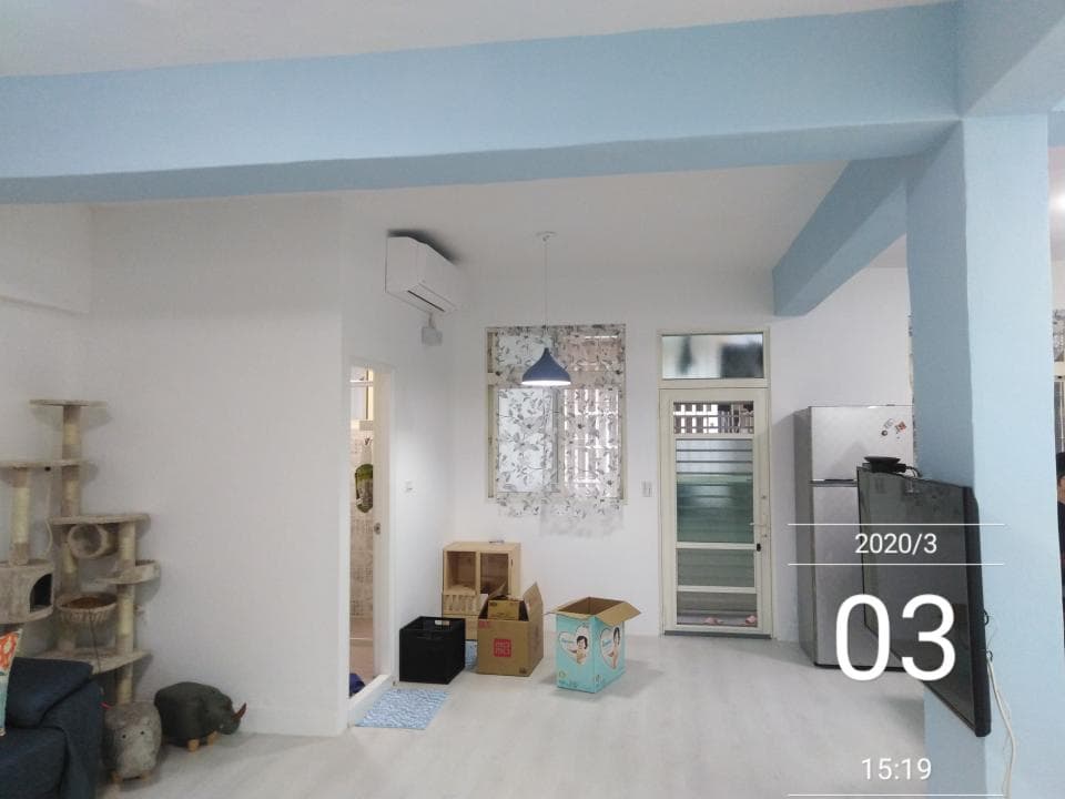 1. 照片顯示一間裝修完成的客廳,客廳裡有貓咪遊樂場、木架、白色沙發等家具,天花板是淺藍色的,房間燈光充足