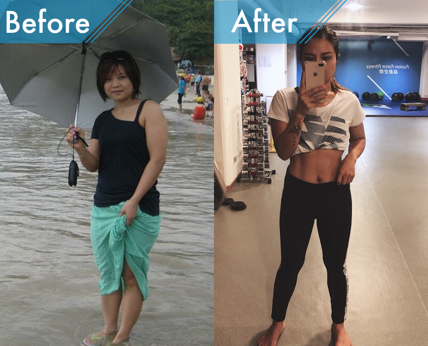 這張照片是對比一個女人減肥前後的照片,展現她經過努力,成功減重,身材變得更苗條。