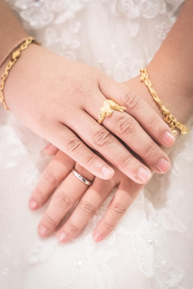 這張照片是一對新婚夫婦的手,他們的手指上戴著金戒指,象徵著他們永恆的愛情和承諾。
