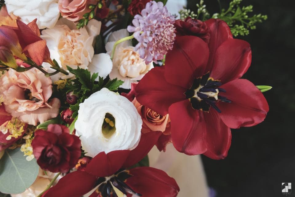 1) 照片顯示多種花朵, 包括紅色、粉紅色、白色和橙色