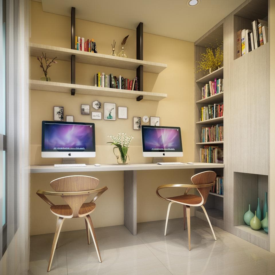 這張照片是兩個工作站,兩個工作站都配備電腦和椅子,並設有書架。