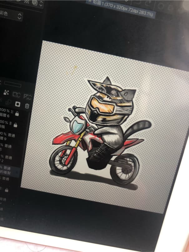 1) 照片中是一隻穿著摩托車服裝、戴著安全帽的貓咪,正在騎著越野摩托車