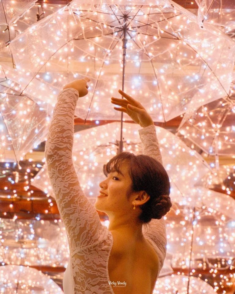 這張「撐著滿佈燈飾的透明雨傘,女孩在燈光下微笑著」的照片是。