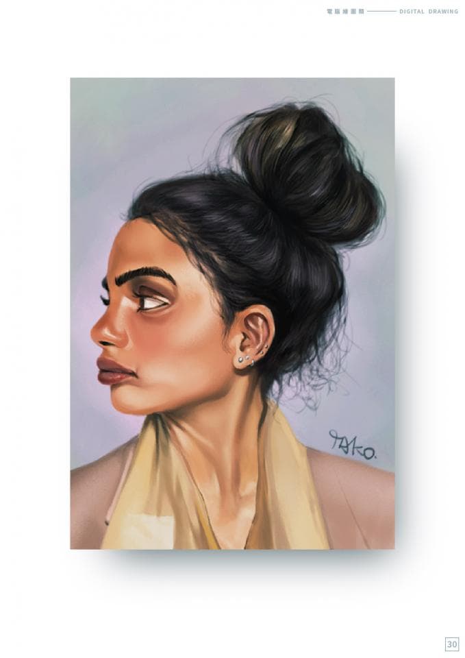 這張照片是一個女人的側臉肖像。她的頭髮被高高地盤成一個髮髻,露出她細緻的臉龐和脖子。她穿著一件米色的上衣,顯得溫柔而優雅。