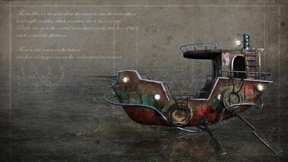 這張照片是一艘以蒸汽朋克風格設計的船,船體上有許多鉚釘、齒輪和管道,看起來十分古老而神秘。