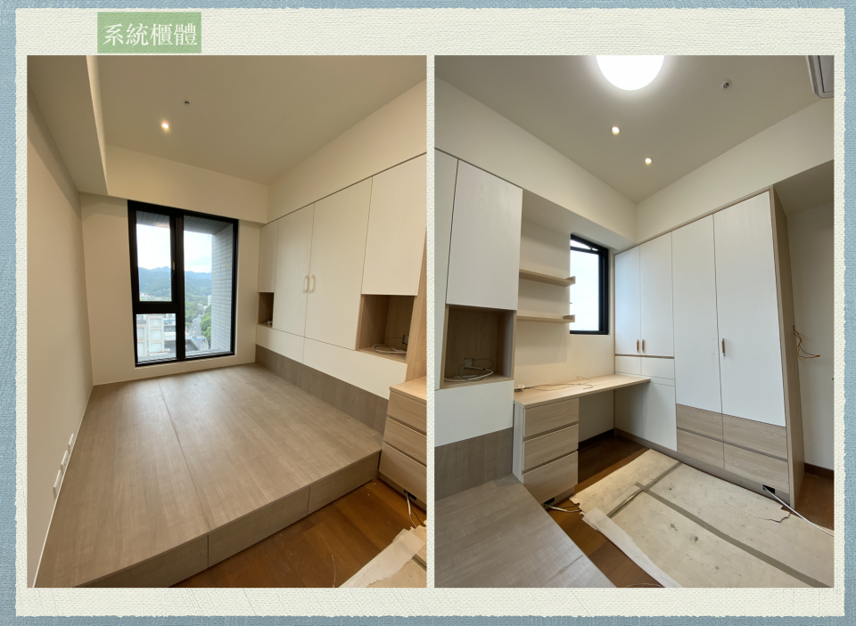 1) 照片顯示一個簡約的臥室,房間的左邊有一張床,右側是書桌和衣櫃