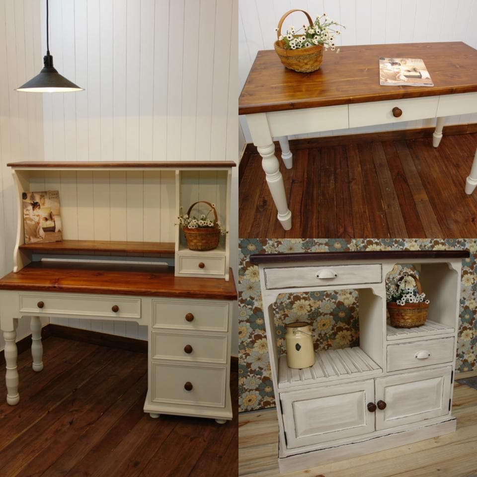 1) 照片中顯示三個木製的櫃子,一個是書桌,另一個是展示櫃,另一個是帶有兩個門的櫃子,所有櫃子都漆成白色,並帶有木色的台面