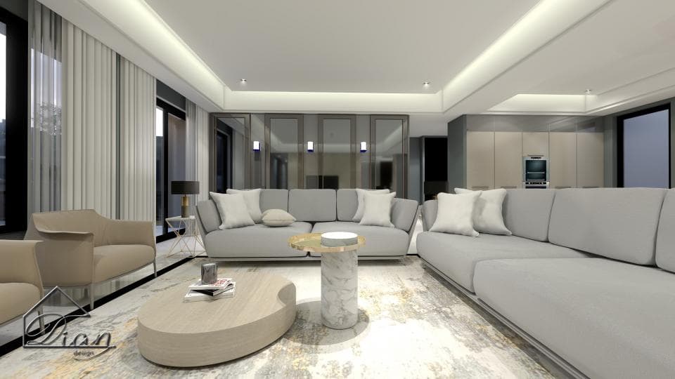 這張「現代客廳」的照片是一間以灰白色為基底的客廳,中間擺著一張灰色的沙發,一旁有一張咖啡色的小沙發,以及一張圓形的茶几。