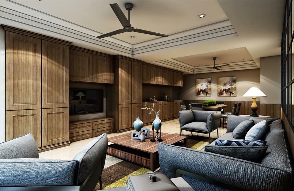 這張「客廳」的照片是一間現代化的住宅,有著木質的牆面和地板,配有大型的電視和舒適的沙發。