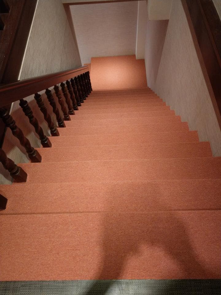 1) 照片顯示一個木質樓梯,樓梯上有橙色的地毯,從照片的底部向上看,可以看見樓梯的頂部