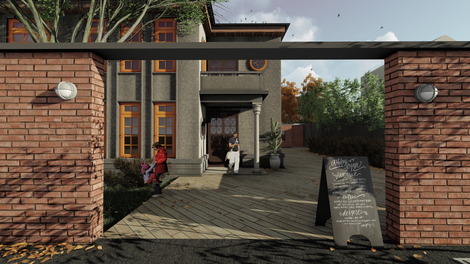 這張照片是一家餐廳的門口,門口擺放著一個寫著菜單的黑板,上面寫著「Ashley’s Diner」。