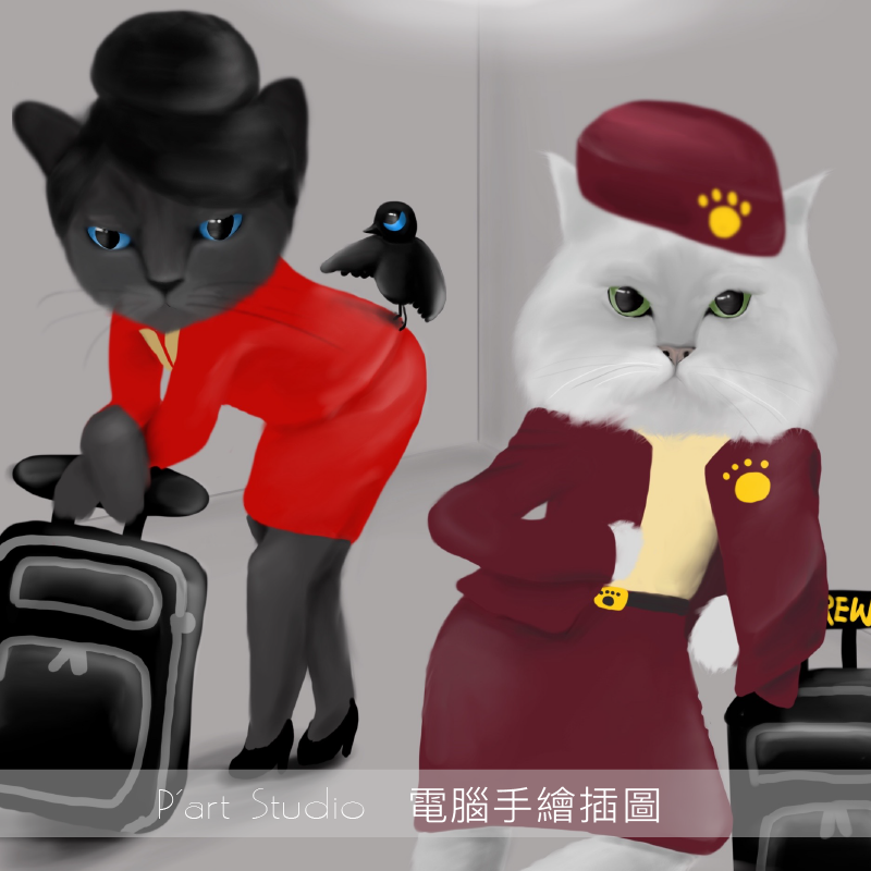 這張照片是兩隻穿著制服的貓咪,一隻黑貓拿著行李箱,另一隻白貓正看著牠。