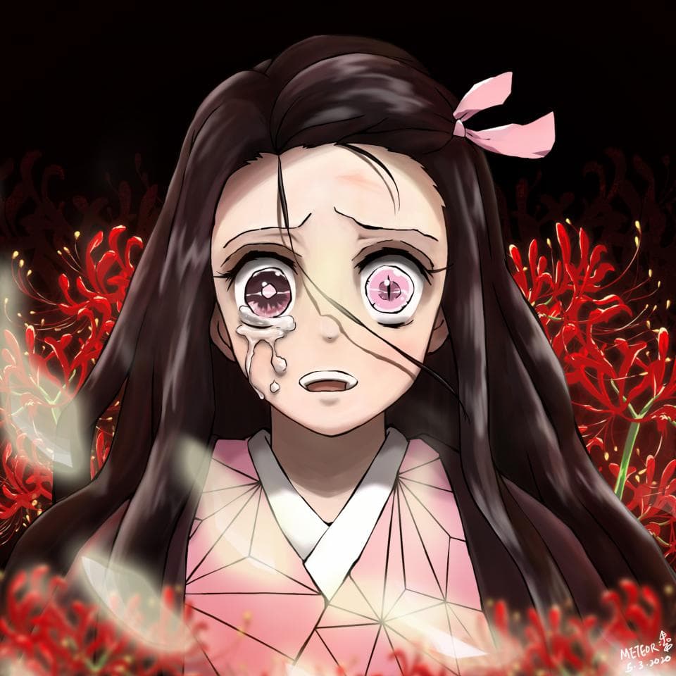 這張照片是一名少女,她有著黑色的長髮,穿著粉紅色的衣服,她眼中含著淚水,顯得楚楚可憐。