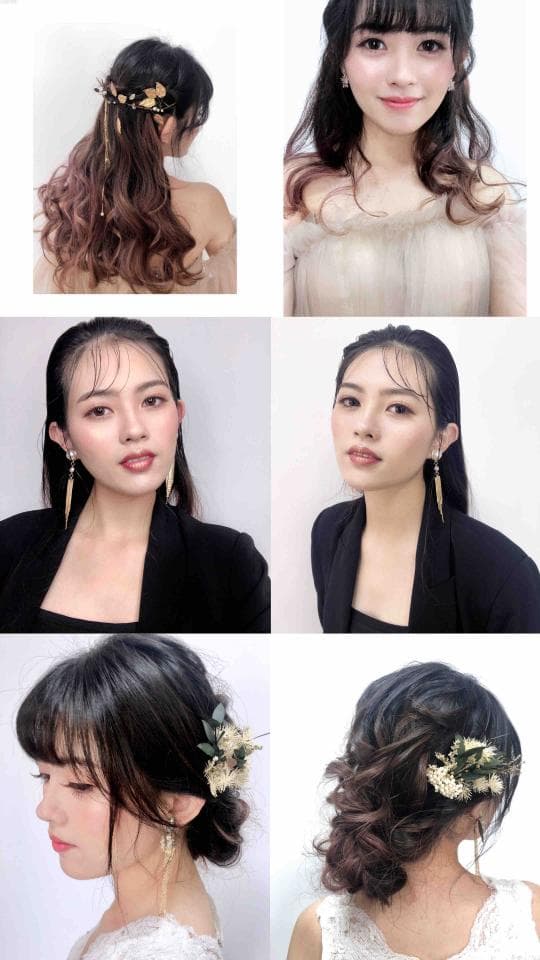 這張「新娘髮型」的照片是展示了四種不同的新娘髮型,每種髮型都搭配了精緻的飾品。