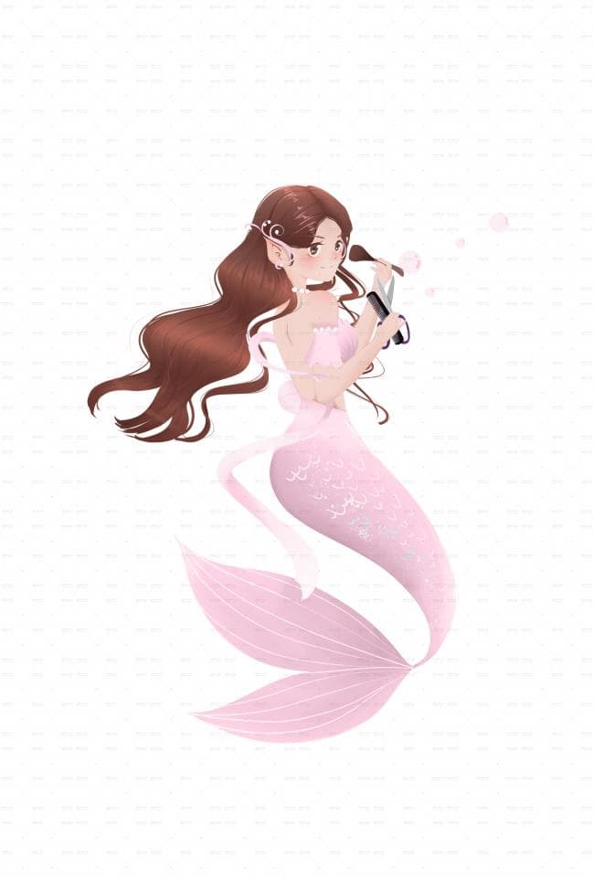 這張照片是一個正在化妝的美人魚。她的頭髮是深棕色,尾巴是粉紅色,她正在用刷子化妝。