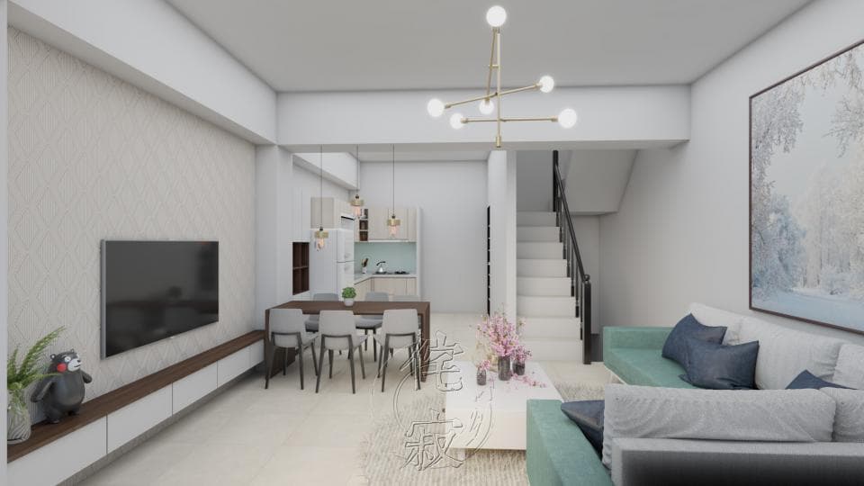 這張「客廳」的照片是一個現代化的家居空間,包含電視、沙發、餐桌和樓梯。