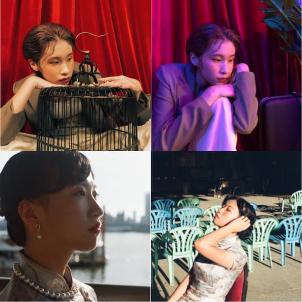 這張照片是一個由四個照片拼湊而成的圖像。照片的重點是每張照片裡的人物,她们的服裝和表情,以及所處的環境,突顯出不同的氛圍和風格。