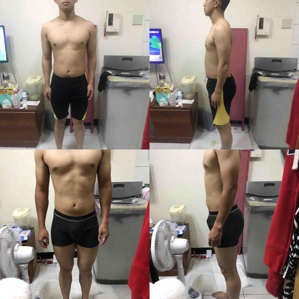 這張照片是健身前後對比的照片,展示了健身前後身材的變化。照片中的人物在健身後肌肉明顯增長,身材更加健美。