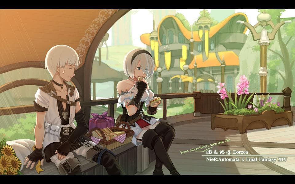 這張「兩個角色在陽臺上的圖片」是兩個角色在陽臺上野餐,背景是建築物和花園。