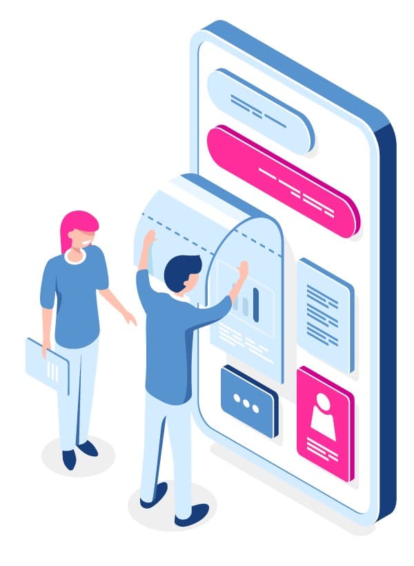 這張照片是一個男人和一個女人正在討論一個巨大的智能手機應用程序。