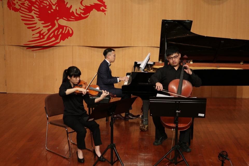 這張「音樂表演」的照片是一個小提琴手、一個大提琴手和一個鋼琴師在舞臺上演奏。