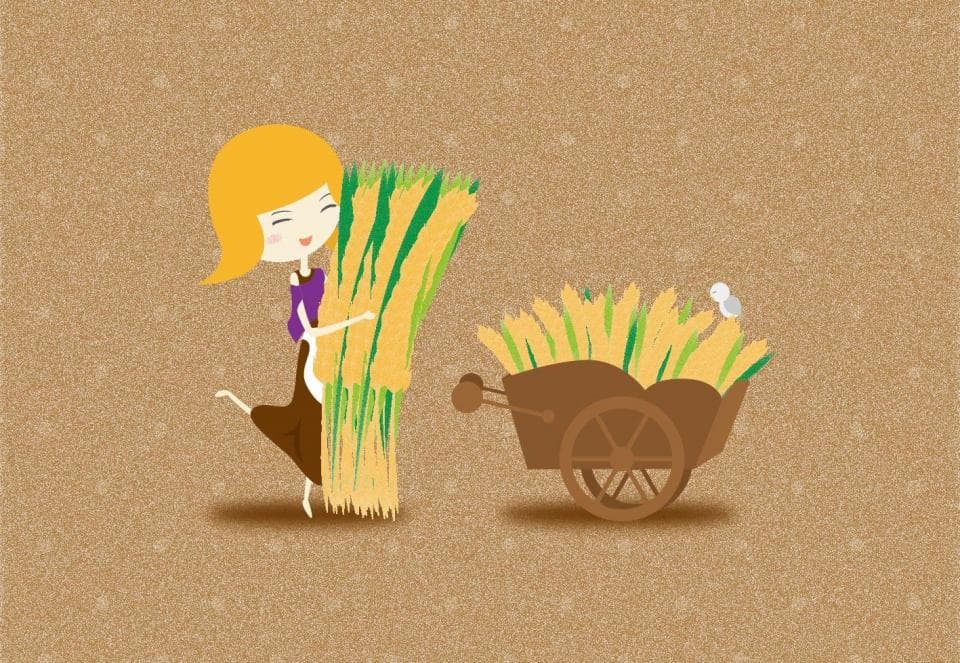 這張照片是一個可愛的女孩在一個稻草堆中。女孩穿著一件紫色的上衣和一條紅色的裙子。