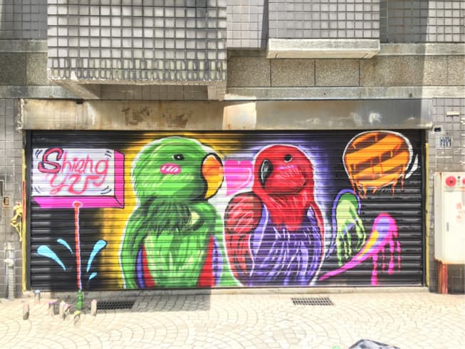 這張「街頭塗鴉」的照片是兩隻鸚鵡和一個塗鴉在卷閘門上。