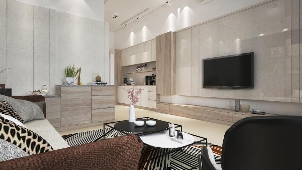 這張「客廳」的照片是一間現代化的公寓,有著木質的牆面和地板,牆上掛著電視,下方是電視櫃,旁邊還有沙發和茶几。