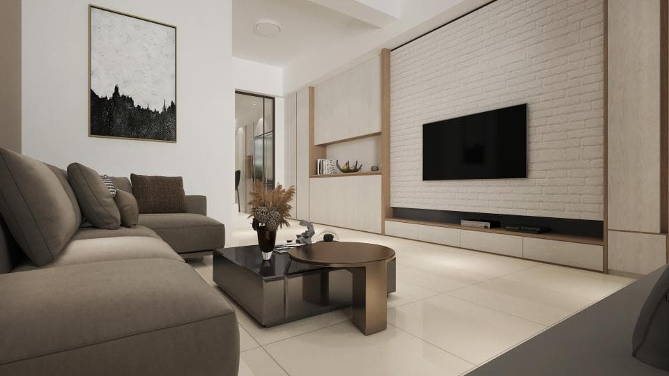 這張客廳的照片是一個現代化的空間,牆上掛著一幅抽象畫,沙發是淺棕色,還有電視牆和茶几。