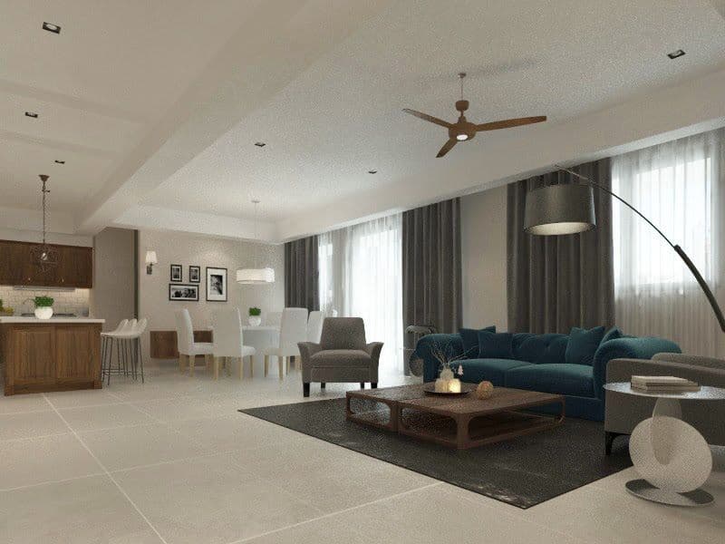 這張「現代客廳」的照片是一個開放式空間,有沙發、咖啡桌、落地燈,以及一面大窗戶。