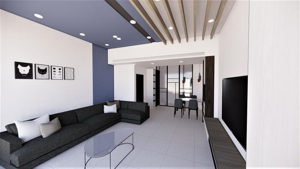 這張「現代風格客廳」的照片是一個寬敞的空間,裡面有一個黑色皮革沙發,以及一張玻璃茶几和一臺大型電視。客廳的牆壁是白色,並且裝飾著幾幅黑色和白色的畫。房間的中央有一個木質天花板,配有嵌入式照明,營造出明亮和現代的氛圍。