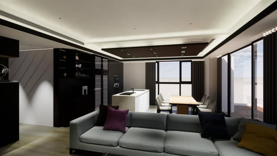 這張「現代化公寓」的照片是一個客廳,有灰色沙發、黑色櫃子、木地板和落地窗。