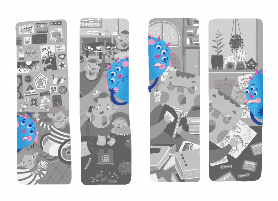 這張照片是一隻藍色三眼怪,牠在很多不同的房間裡。牠看起來很害怕,而且牠似乎總是躲起來,沒有人看見牠。