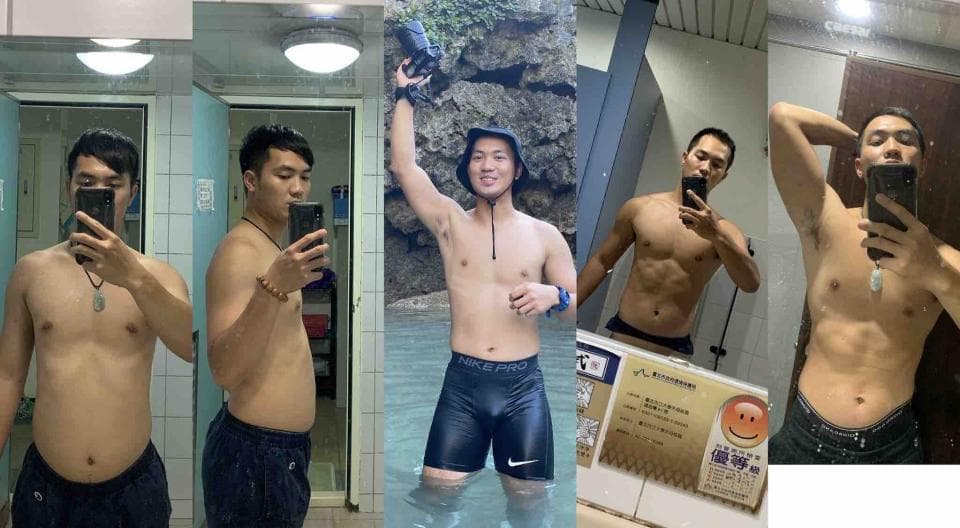 這張照片是四個男人在不同時間和地點拍的健身照片。他們都展現出結實的肌肉和精壯的身材。