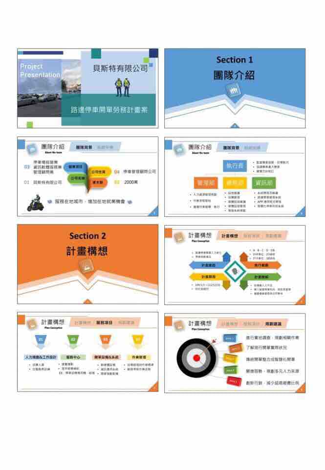 這張「簡報」的照片是關於一家公司的商業簡報,分為「公司簡介」和「計畫資訊」兩個部分,包括公司理念、服務內容和計畫流程。