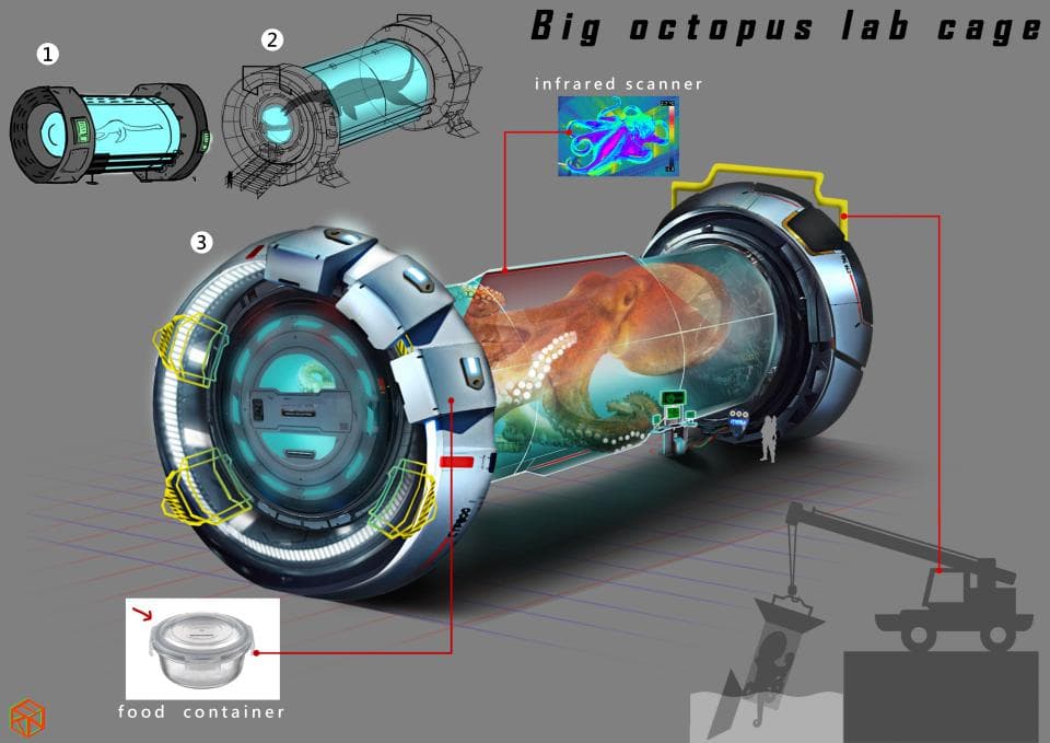 1) 圖像展示一隻巨大的章魚被關在一個圓筒形的實驗室籠子裡