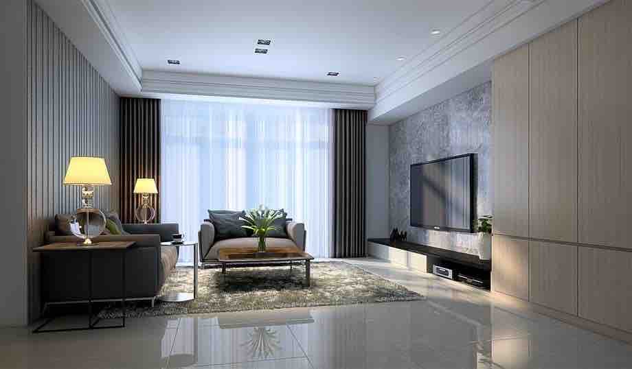 這張客廳的照片是一個現代化的空間,有沙發、咖啡桌、電視、燈光和窗戶。