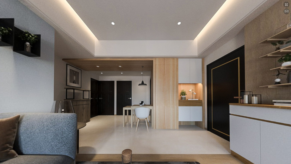 這張「現代風格公寓」的照片是一個客廳和餐廳的開放式空間,有著簡潔的裝修風格,以木質元素和淺色調為主。