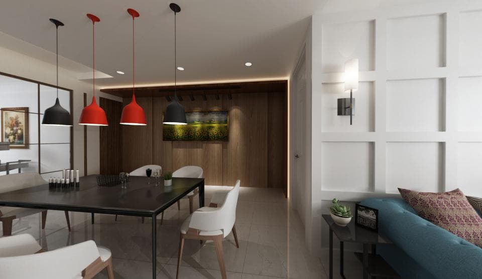 這張「現代化用餐區」的照片是,有四盞吊燈,其中三盞是紅色,一盞是黑色,餐桌是黑色,椅子是白色,地板是淺灰色,牆壁是白色,牆壁上有一幅畫,房間的右邊是一個沙發。