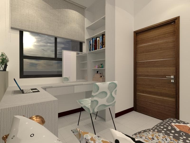 這張照片是一個現代化的書房,有一個白色的書桌和一個帶有抽象圖案的椅子,以及一個木製的門。