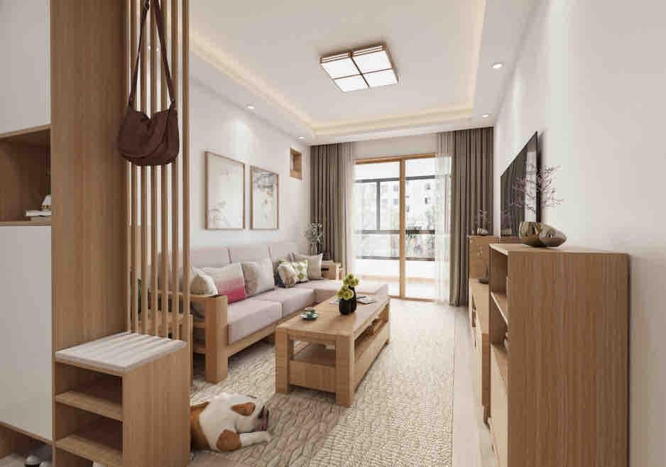 這張「客廳」的照片是,一張沙發、一個茶几、一個電視櫃和一個窗戶,房間以木質色調為主。