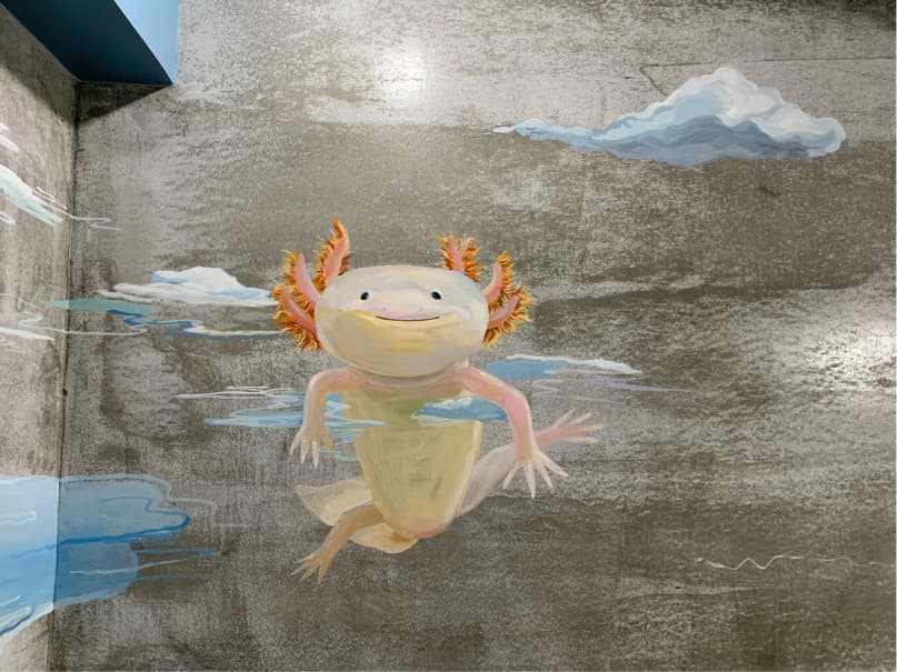 這張「牆壁上的壁畫」的照片是一個可愛的六角恐龍,它正在雲朵中游泳,看起來非常開心。