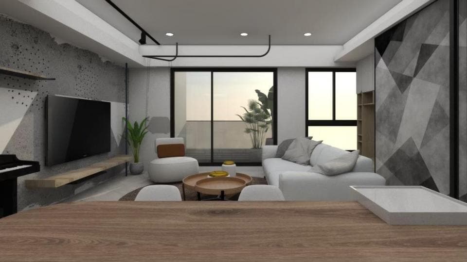 這張「客廳」的照片是一個現代化的客廳,它有沙發、電視和一個木製的咖啡桌。牆上還有幾幅畫。